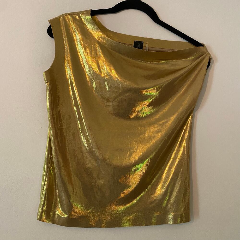 Norma Kamali Metallic Gold Slinky Sleeveless Top Asymmetrical Women's size XXS
